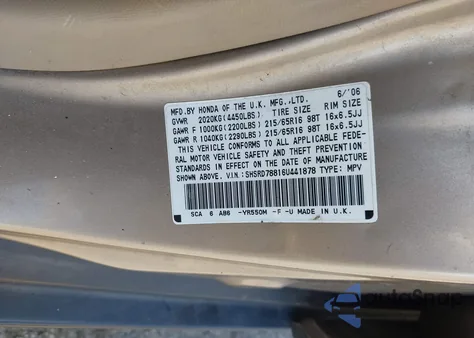2006 Honda Cr-V Ex from USA, damaged, VIN SHSRD78816U441878